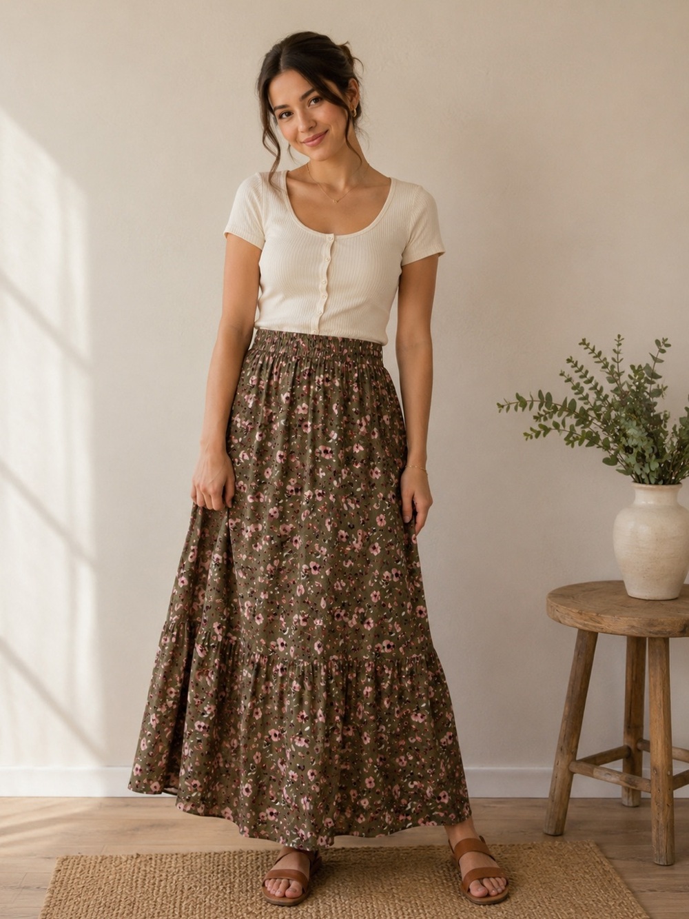 Olive Green Floral Maxi Skirt with Pink Flowers S
